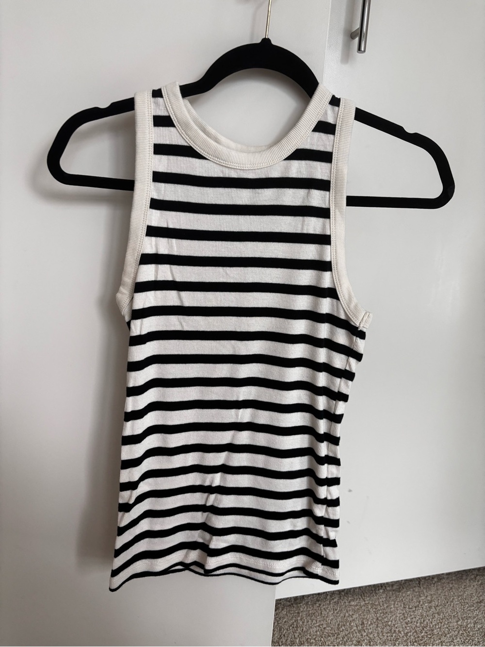 a new day Black and White Striped Racerback Tank